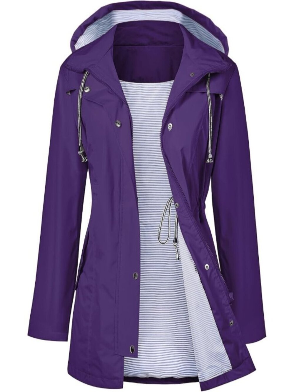 Women's Purple Hooded Adjustable Drawstring Waterproof Windbreaker Trench Coat